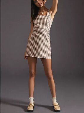 Favorite Daughter Brown/White Gingham Square Neck Mini Dress 12